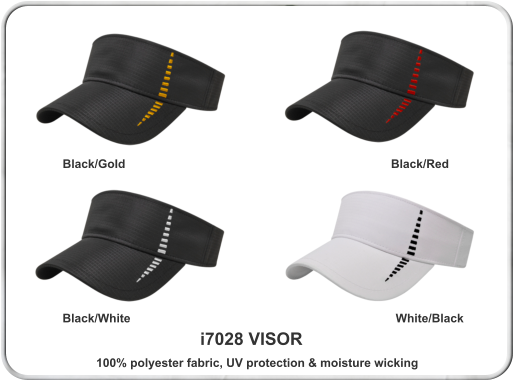 i7028 VISOR  Black/Gold Black/Red  Black/White  White/Black 100% polyester fabric, UV protection & moisture wicking