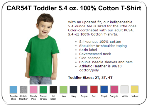 Aquatic Blue Athletic Heather Candy Pink Clover Green Jet Black Lime Navy Purple Red Royal Sangria White Yellow CAR54T Toddler 5.4 oz. 100% Cotton T-Shirt